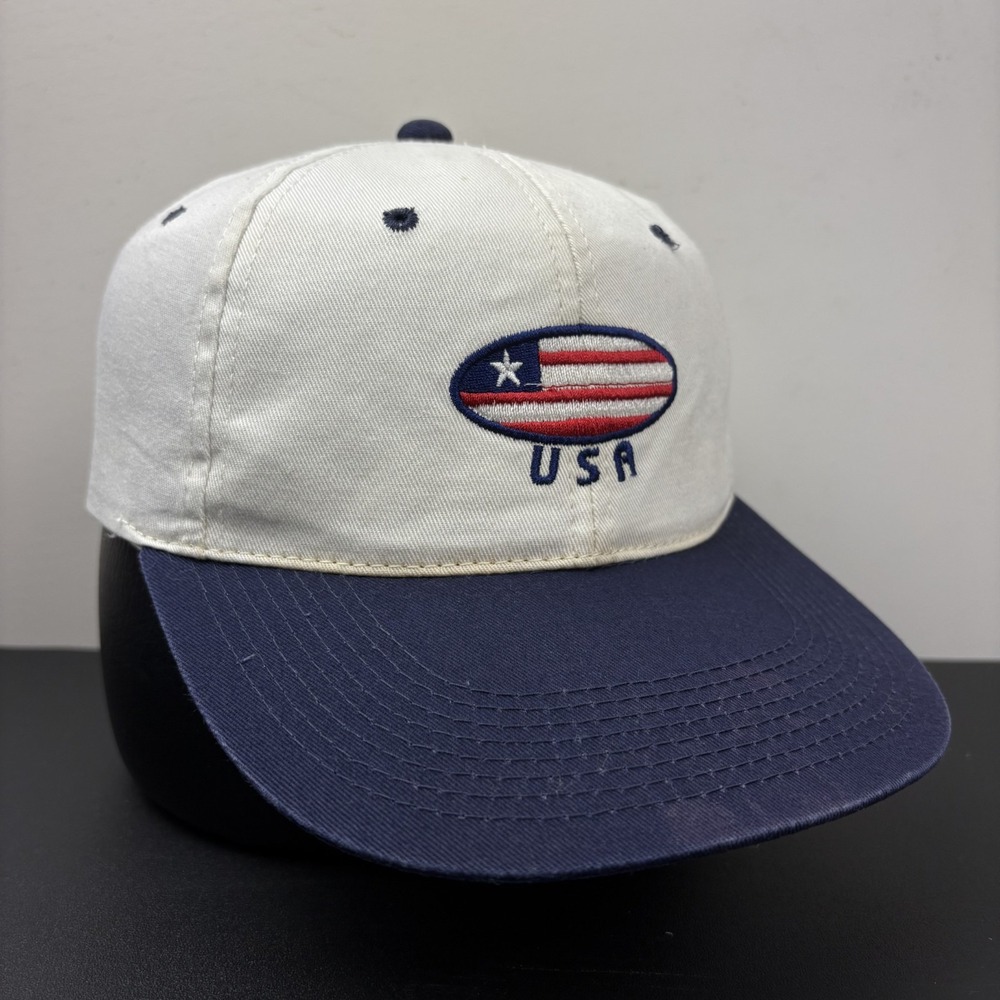 Vintage 90s USA American Flag Americana Snapback Hat Cream Navy Blue Adjust Cap